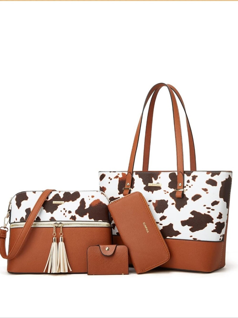 Stylish Cowprint & Tan Tote Set - 4-Piece Women’s Bag Collection